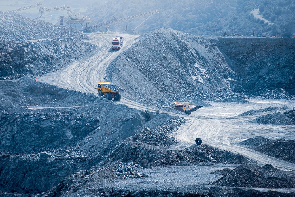Aerial view of an industrial rock quarry